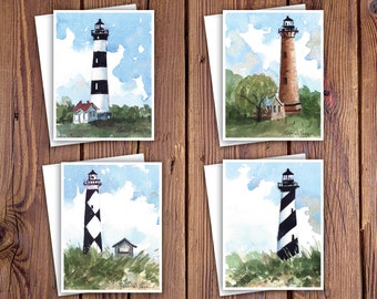 8 Watercolor Note Cards with Envelopes, Featuring Four Lighthouse Watercolor Paintings by Laura D Poss, Blank Inside // Outer Banks Cards