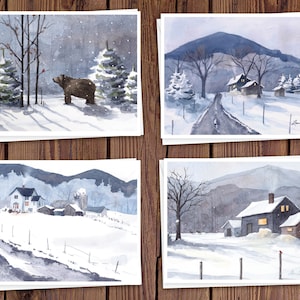 8 cartões de anotações em aquarela com envelopes, com quatro pinturas em aquarela de inverno variadas de Laura Poss, em branco por dentro // Cartões feitos à mão