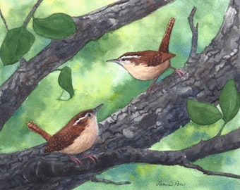 2 sizes- Watercolor Print of Two Carolina Wrens from a painting by Laura Poss // 5x7 inches or 8x10 inches