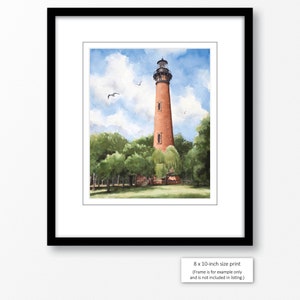 May include: Watercolor painting of a red brick lighthouse with a white top and black trim. The lighthouse is surrounded by green trees and a grassy area. There are two white birds flying in the blue sky with white clouds.