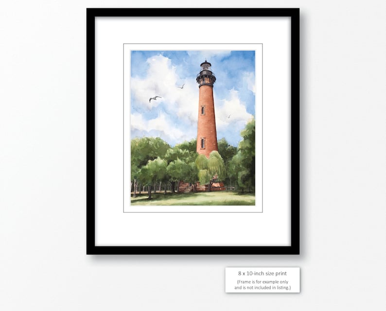May include: Watercolor painting of a red brick lighthouse with a white top and black trim. The lighthouse is surrounded by green trees and a grassy area. There are two white birds flying in the blue sky with white clouds.