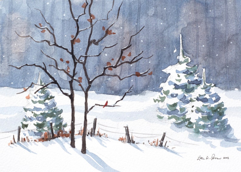 Original Watercolor Painting of a Landscape with Falling Snow, a Northern Cardinal Bird, and Wintry Trees // by Laura D Poss image 1