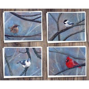 8 Watercolor Note Cards | Handmade Cards with Assorted Winter Bird scenes, blank on the inside