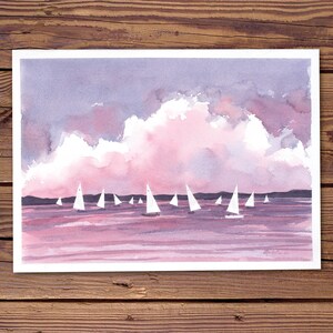 Original Watercolor Painting of Sailboats Under a Big, Pink, Cloudy Sky by Laura Poss // sailing painting image 2