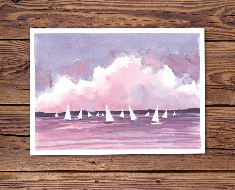 Original Watercolor Painting of Sailboats Under a Big, Pink, Cloudy Sky by Laura Poss // sailing painting image 2
