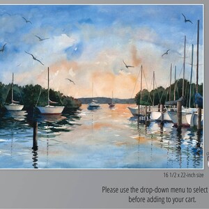 3 sizes Watercolor Print of Sailboats in a Harbor at Sunset, from a Painting by Laura Poss image 4