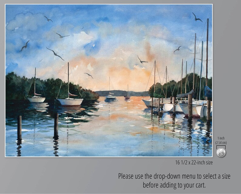 3 sizes Watercolor Print of Sailboats in a Harbor at Sunset, from a Painting by Laura Poss image 4