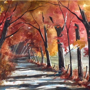 3 sizes Watercolor Print from a Landscape Painting of a Road and Fall Colors, by Laura Poss image 1