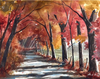 3 sizes- Watercolor Print from a Landscape Painting of a Road and Fall Colors, by Laura Poss