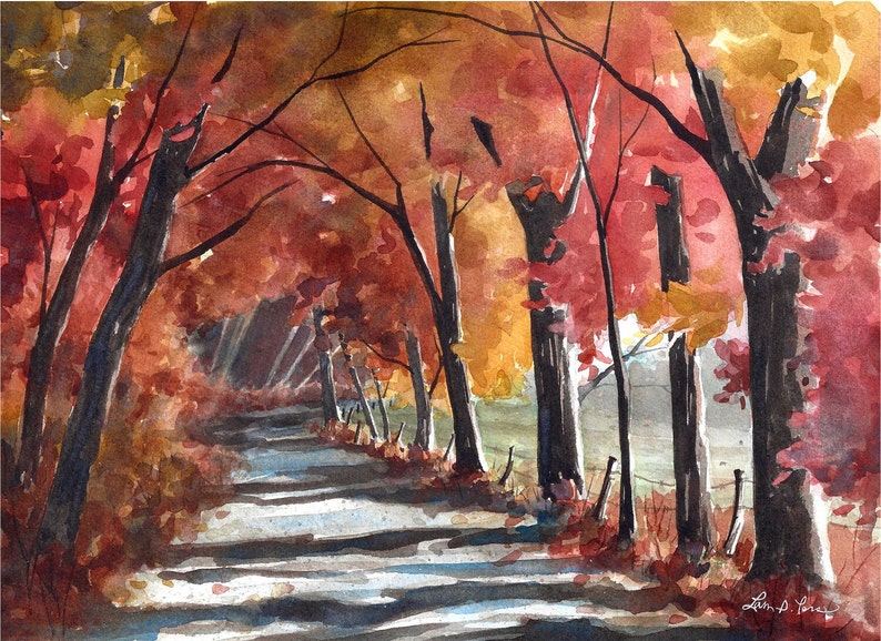 3 sizes Watercolor Print from a Landscape Painting of a Road and Fall Colors, by Laura Poss image 1