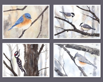 Four 3 1/2 x 5" Watercolor Prints- Set of four Winter Bird Giclées from Paintings by Laura Poss