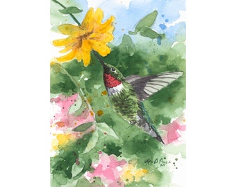 Hummingbird Original Watercolor Painting by Laura Poss // 5x7 inches // Red-throated Hummingbird