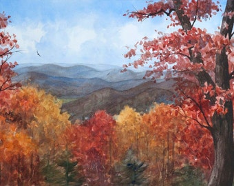 3 sizes- Watercolor Print of the Blue Ridge Mountains from a Landscape Painting by Laura Poss // Fall Colors Appalachian Art