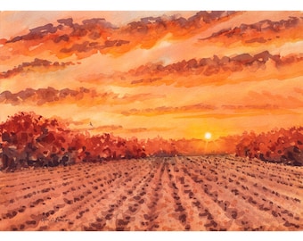 Sunset Over a Field Original Watercolor Painting by Laura Poss, 11 x 8"