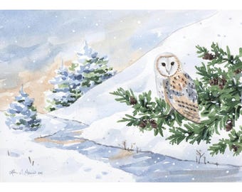Barn Owl Original Watercolor Painting, Winter Wildlife Bird Art | 5x7 inches