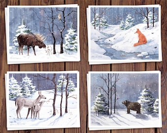 8 Watercolor Note Cards | Handmade Cards with Assorted Winter Wildlife Landscape scenes, blank on the inside