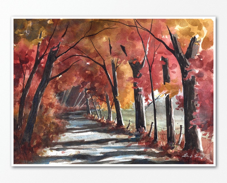3 sizes Watercolor Print from a Landscape Painting of a Road and Fall Colors, by Laura Poss image 4