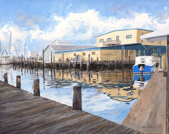 Watercolor Giclee- "Town Dock", reproduction of an original watercolor painting by Laura Poss- Oriental, North Carolina