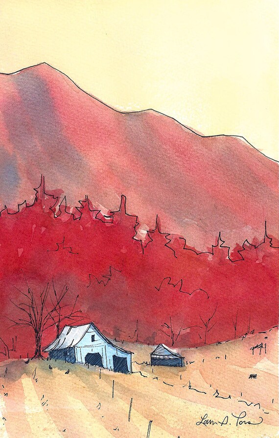 Original Watercolor Painting Of Barns And A Farm In The Etsy