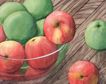 Red and Green Apples in a Bowl, Original Watercolor Painting by Laura Poss // Still Life with Apples, 11x14"