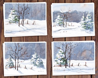 8 Watercolor Note Cards | Handmade Cards with Cardinal Birds in Assorted Snow Scenes, blank on the inside