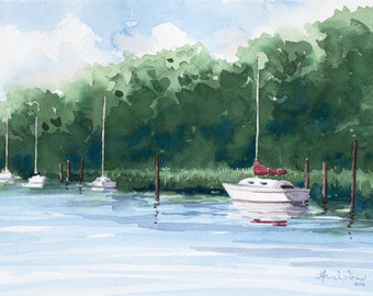 Original Watercolor Painting of Moored Sailboats by Laura Poss