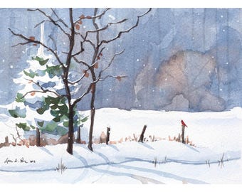 Northern Cardinal Original Watercolor Painting | Snowy Winter Landscape 7x5