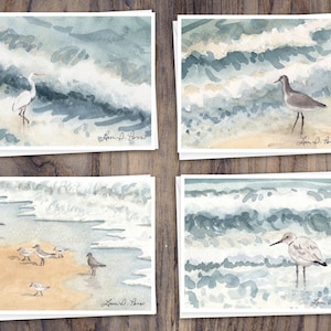 8 cartes de correspondance à l'aquarelle avec enveloppes, représentant quatre peintures à l'aquarelle d'oiseaux de rivage par Laura Poss, intérieur vierge//cartes faites à la main