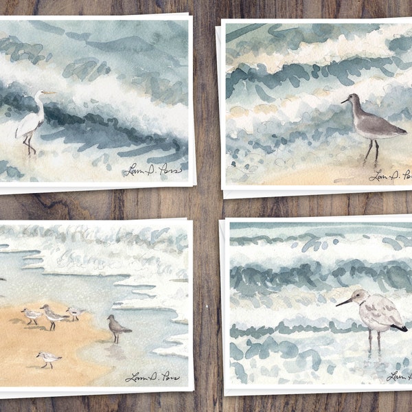 8 Watercolor Note Cards with Envelopes, Featuring Four Shorebird Watercolor Paintings by Laura Poss, Blank Inside //  Handmade Cards