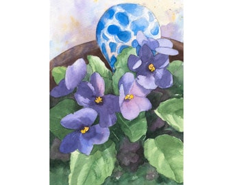 Aquarelle originale de fleurs violettes africaines par Laura D. Poss // aquarelle florale, peinture violette