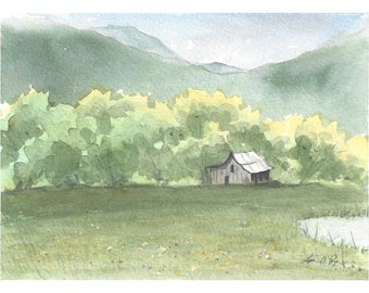 5x7" Watercolor Print from a Barn Landscape Painting by Laura Poss