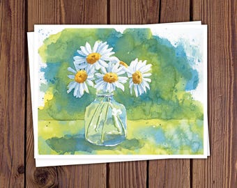 8 Watercolor Note Cards | Handmade Cards with Daisies in a Jar, blank on the inside
