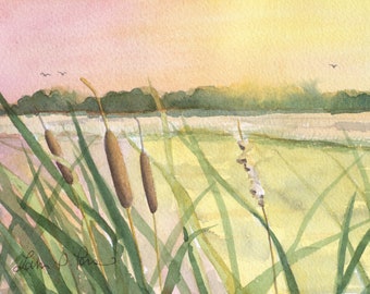 Original Watercolor Painting of Sunset or Sunrise Over the Water, with Cattails and Birds by Laura Poss