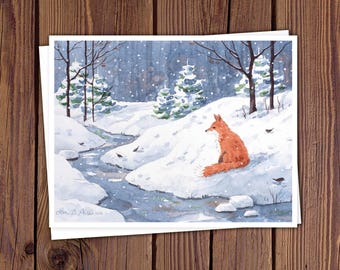 8 Watercolor Note Cards | Handmade Cards with Winter Snow Scene with Fox, blank on the inside