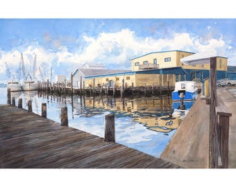 Oriental NC "Town Dock" Print | Watercolor Coastal Art | North Carolina Harbor | Laura Poss Art
