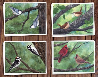8 Watercolor Note Cards | Handmade Cards with Assorted Bird scenes, blank on the inside