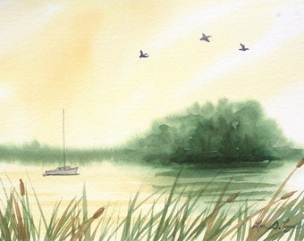 Original Watercolor Painting of a Lake with Geese and a Sailboat by Laura Poss