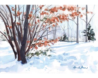 Original Winter Snow Watercolor Painting | Woodland Landscape Art | 10x7 Nature Wall Art | Laura Poss Art