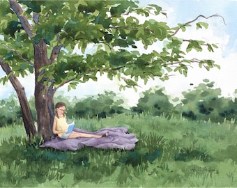 Original Watercolor Painting of a Girl Reading Under a Tree, by Laura Poss // 8x10"