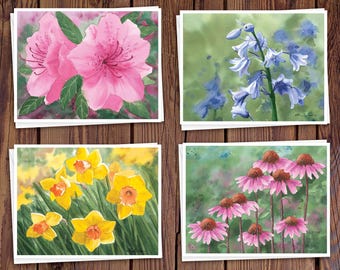 8 Watercolor Note Cards | Handmade Cards with Assorted Floral paintings, blank on the inside