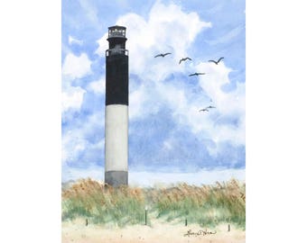 3 sizes- Watercolor Print of Oak Island Lighthouse, from a Painting by Laura Poss // 5x7, 8x10, 10x14 // Southport North Carolina