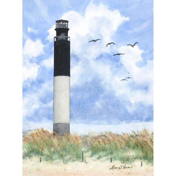 3 sizes- Watercolor Print of Oak Island Lighthouse, from a Painting by Laura Poss // 5x7, 8x10, 10x14 // Southport North Carolina
