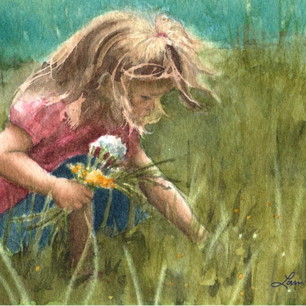 5x7" Watercolor Print of a Painting by Laura D. Poss, "Picking Wildflowers"