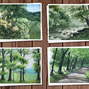 8 cartes de correspondance avec enveloppes, comprenant quatre aquarelles de paysages d'été assortis, intérieur vierge//cartes faites main