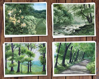8 Watercolor Note Cards with Envelopes, Featuring Four Assorted Summer Landscape Watercolor Paintings by Laura D. Poss // Handmade Cards