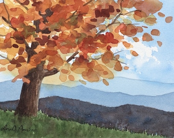 Original Watercolor Painting of the Mountains in Autumn, by Laura D. Poss- Fall Colors Art, Trees and Mountains