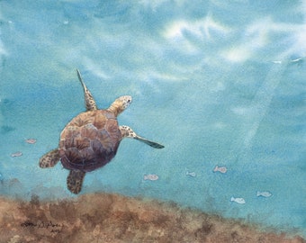 Original Watercolor Painting of a Sea Turtle Swimming with Fish in the Ocean by Laura Poss // wildlife art, sea turtle decor, beach wall art