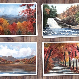8 Aquarell Grußkarten mit Umschlägen, Vier verschiedene Herbst Aquarell Gemälde, leere Innenseite // Handgemachte Herbstkarten