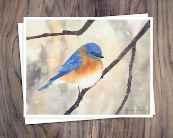 8 Watercolor Note Cards with Envelopes, Featuring a Watercolor Painting of an Eastern Bluebird by Laura Poss, Blank Inside // Handmade Cards