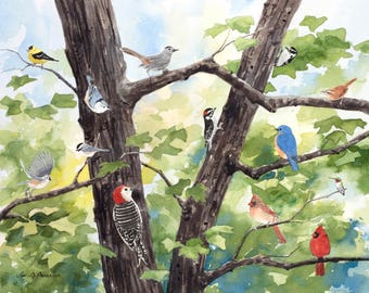 Watercolor Print of Backyard Songbirds, from a Painting by Laura Poss- 8x10 or 11x14